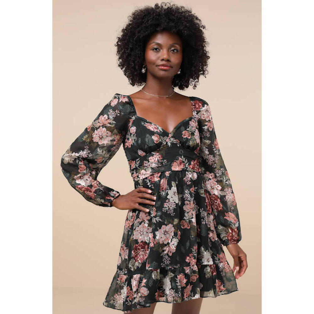 Lulus Truly Adorable Green Floral Burnout Balloon Sleeve Mini Dress - Size S